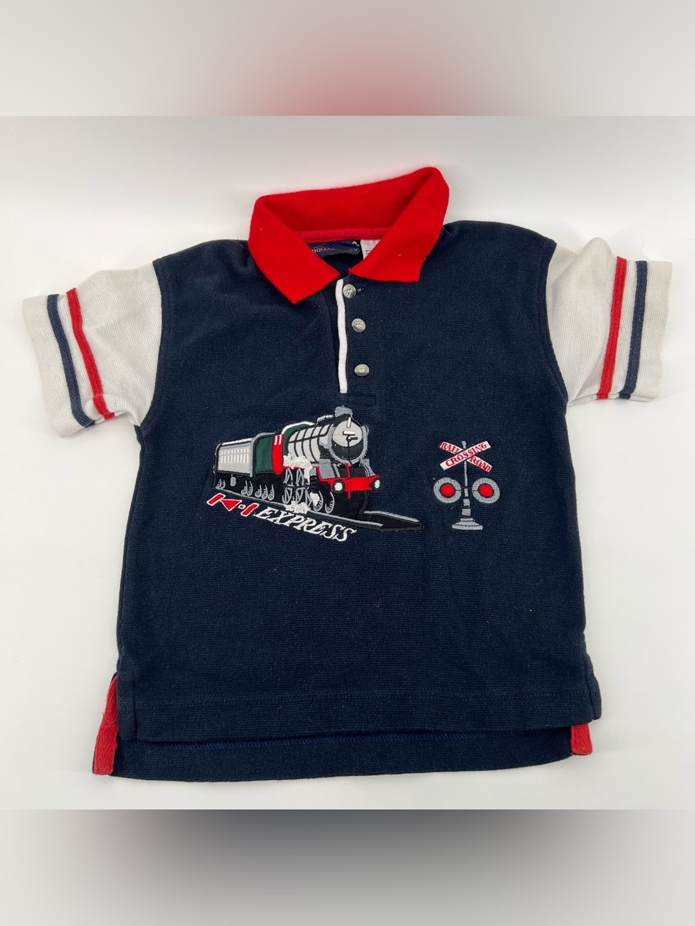 Vintage Youth Embroidered Train Kids Polo 4T Navy Red Toddler Shirt